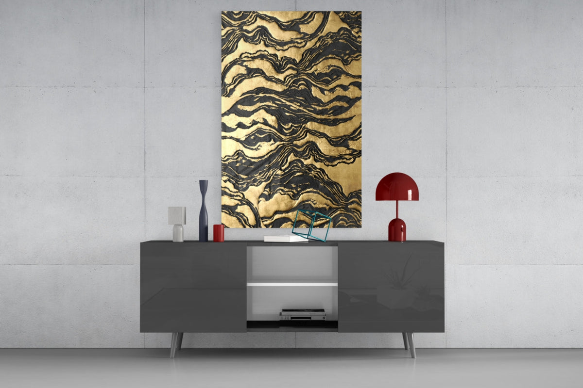 Black Marbled Ripple Golden Waves Glass Wall Art – view 8