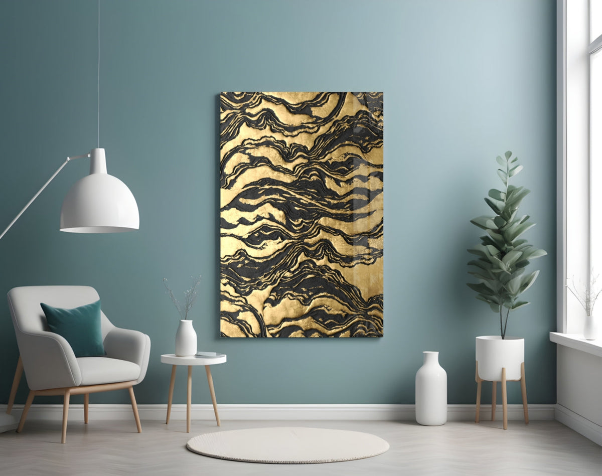Black Marbled Ripple Golden Waves Glass Wall Art – view 4