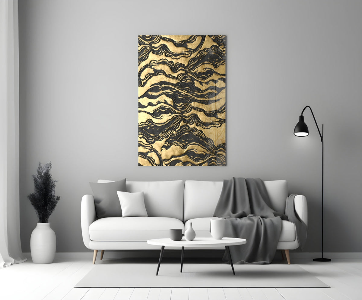 Black Marbled Ripple Golden Waves Glass Wall Art – view 3