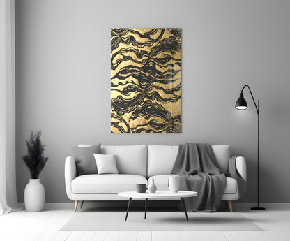 Black Marbled Ripple Golden Waves Glass Wall Art – view 3
