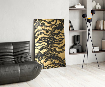 Black Marbled Ripple Golden Waves Glass Wall Art – view 5