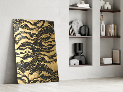Black Marbled Ripple Golden Waves Glass Wall Art – view 6