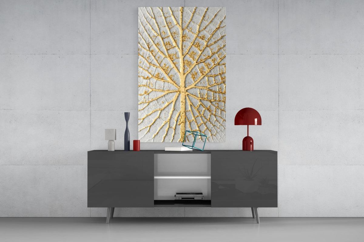 Gold Leaf Veins on White Abstract Glass Wall Art – view 8