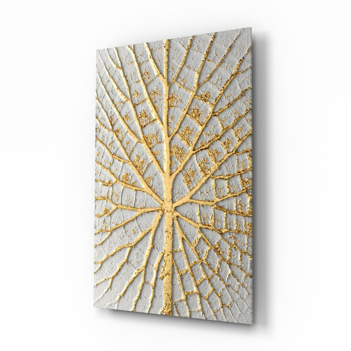 Gold leaf veins on ivory abstract botanical glass wall art in a light primary bedroom