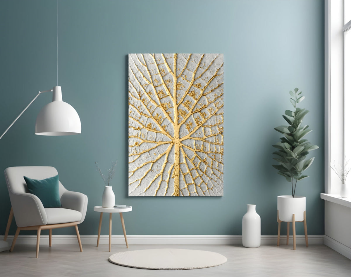 Gold Leaf Veins on White Abstract Glass Wall Art – view 4