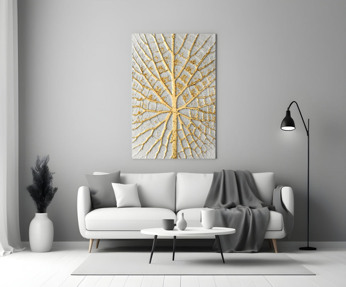 Gold Leaf Veins on White Abstract Glass Wall Art – view 3