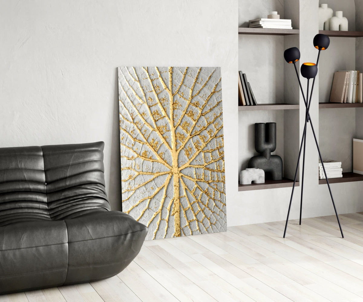 Gold Leaf Veins on White Abstract Glass Wall Art – view 5