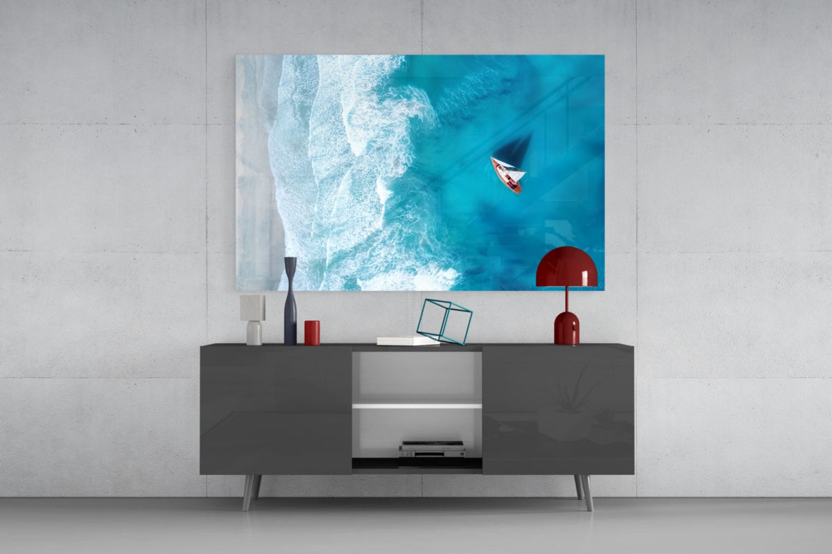 Oceanside Sailboat Aerial Glass Wall Art – Turquoise Coastal Print – view 8