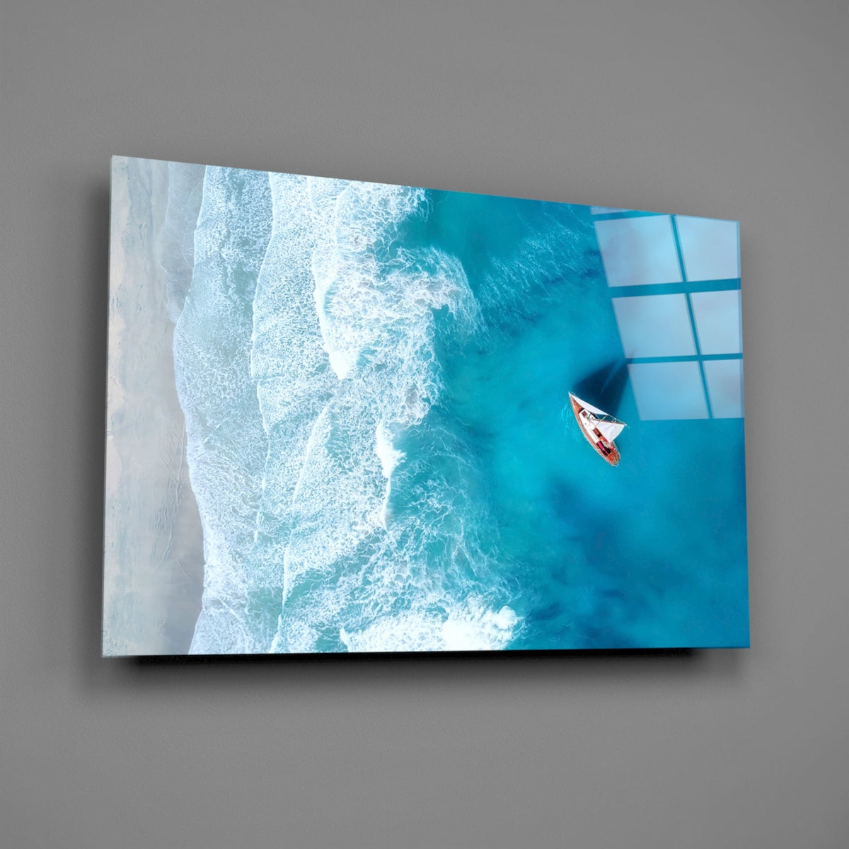 Oceanside Sailboat Aerial Glass Wall Art – Turquoise Coastal Print – view 2