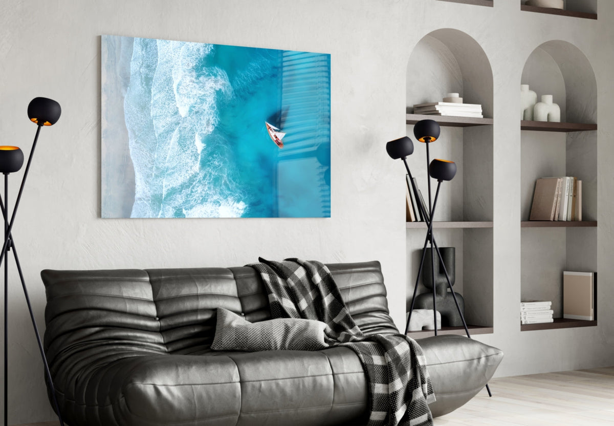 Oceanside Sailboat Aerial Glass Wall Art – Turquoise Coastal Print – view 4