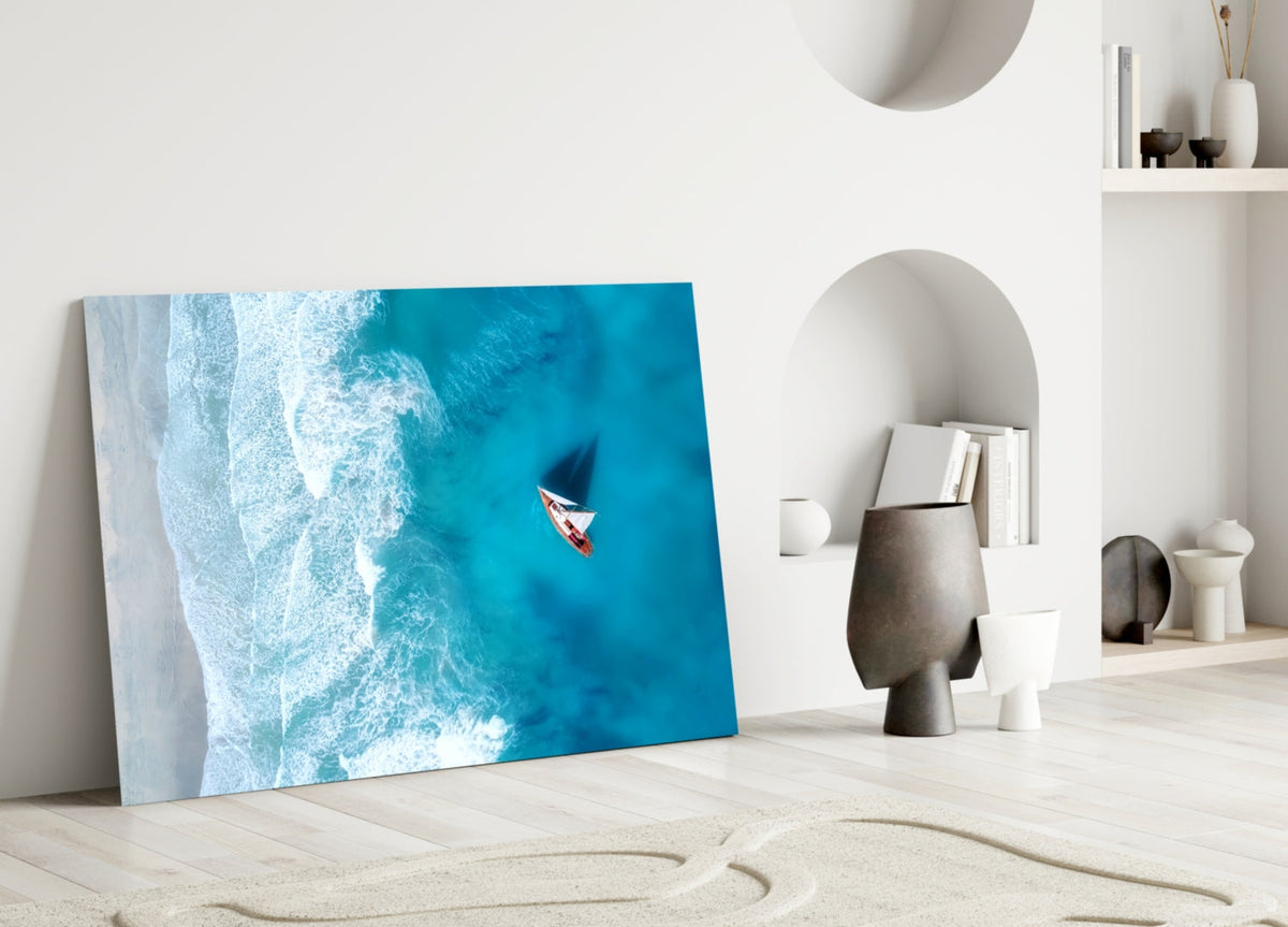 Oceanside Sailboat Aerial Glass Wall Art – Turquoise Coastal Print – view 3