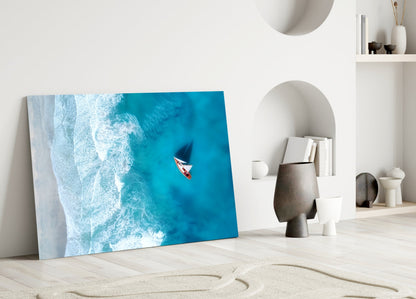 Oceanside Sailboat Aerial Glass Wall Art – Turquoise Coastal Print – view 3