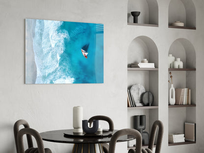 Oceanside Sailboat Aerial Glass Wall Art – Turquoise Coastal Print – view 5