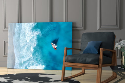 Oceanside Sailboat Aerial Glass Wall Art – Turquoise Coastal Print – view 6
