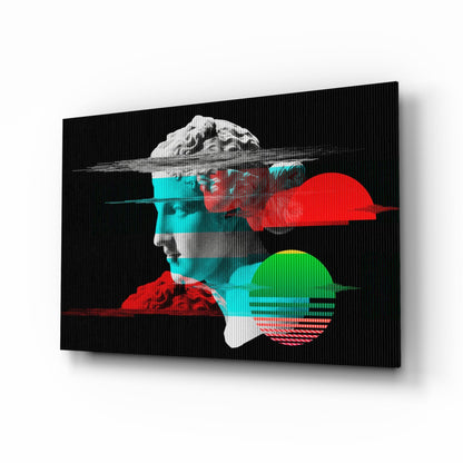 Glitched David bust with retro sun discs vaporwave glass wall art in a teen room