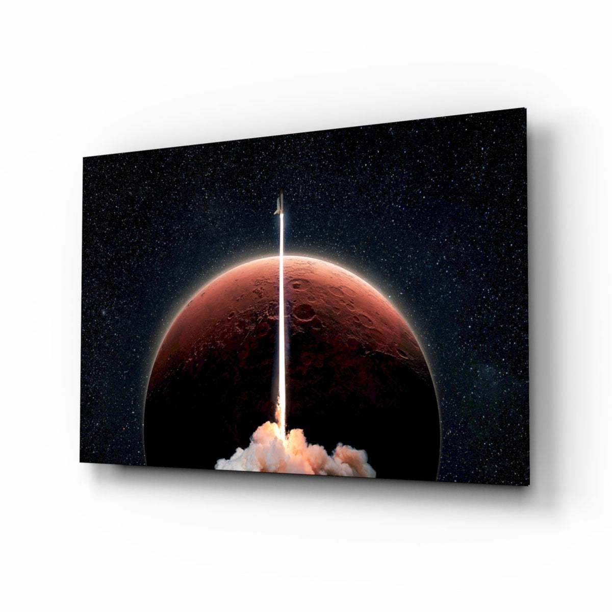 Rocket launching toward Mars glass wall art with red planet and starfield in a teen room setting
