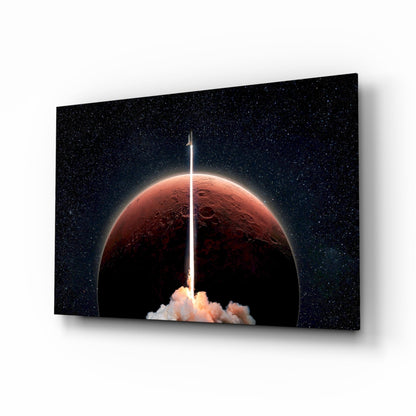 Rocket launching toward Mars glass wall art with red planet and starfield in a teen room setting