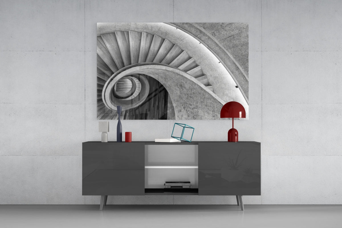Architectural Spiral Staircase Art Glass Wall Art, Black and White – view 8