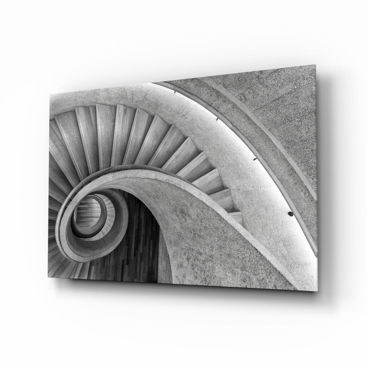 Black and white spiral staircase art glass wall art in a modernist living room