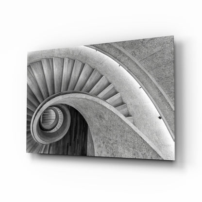 Black and white spiral staircase art glass wall art in a modernist living room