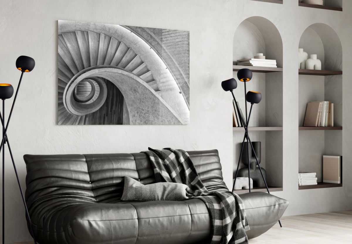 Architectural Spiral Staircase Art Glass Wall Art, Black and White – view 4