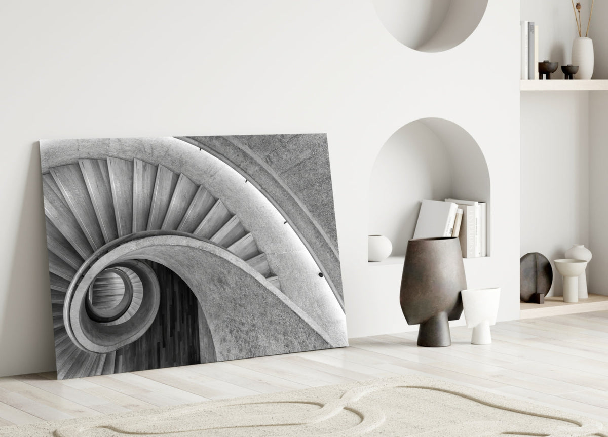 Architectural Spiral Staircase Art Glass Wall Art, Black and White – view 3