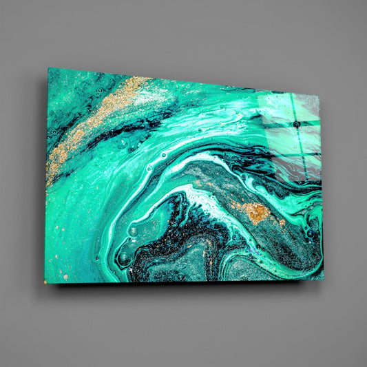 Turquoise and Gold Marble Swirl Glass Wall Art – Fluid Abstract Print – view 2
