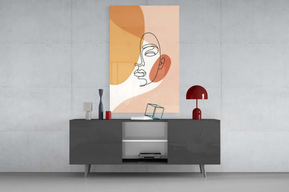 Tilted Face Peach Abstract Glass Wall Art – Boho Line Drawing Portrait – view 8