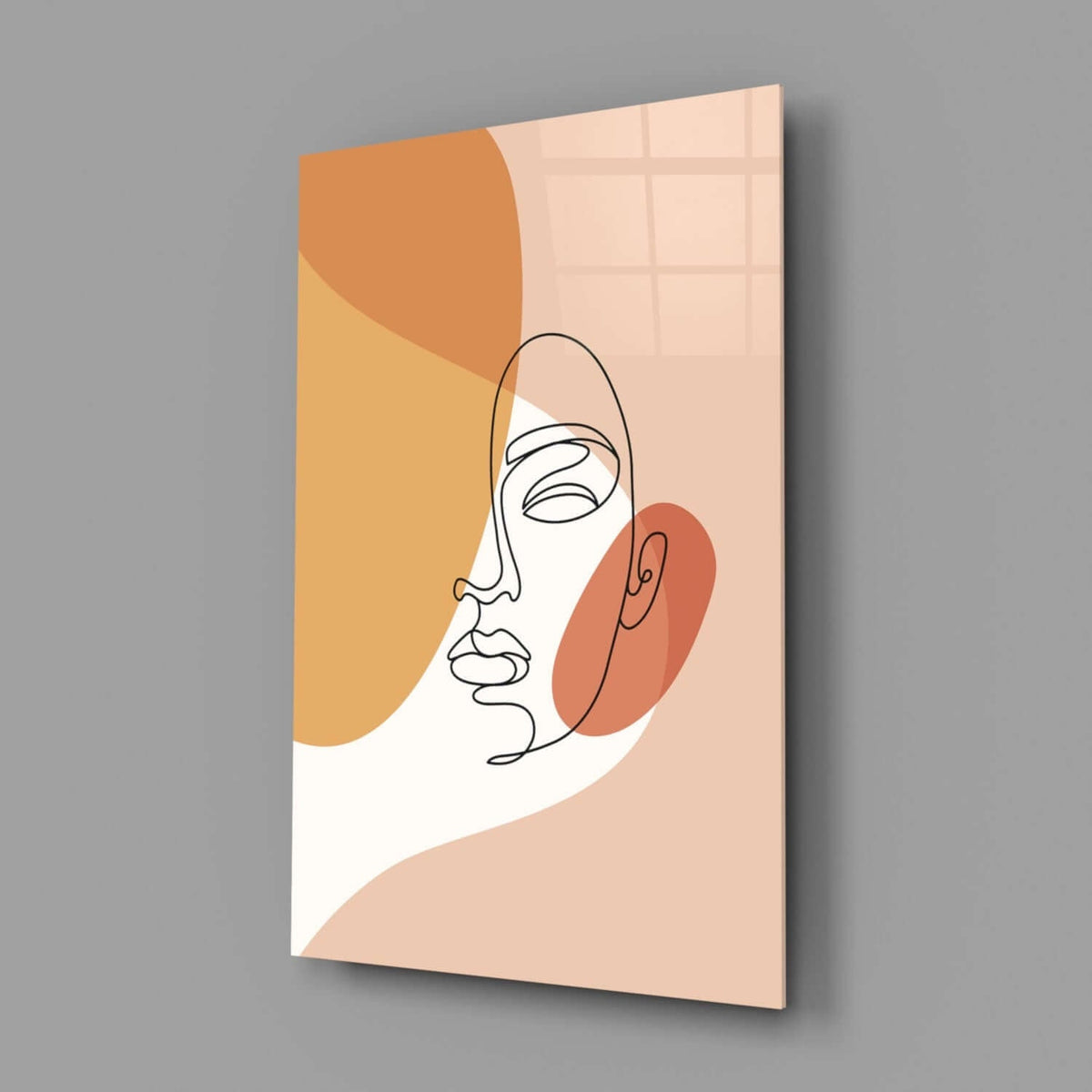 Tilted Face Peach Abstract Glass Wall Art – Boho Line Drawing Portrait – view 2