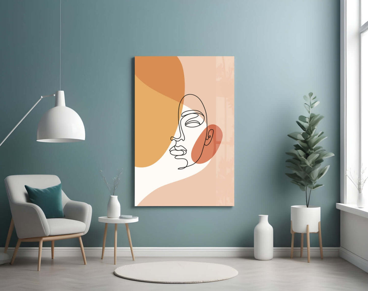 Tilted Face Peach Abstract Glass Wall Art – Boho Line Drawing Portrait – view 4