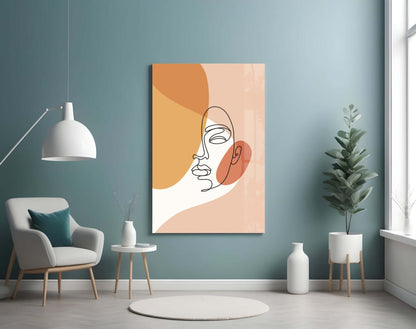 Tilted Face Peach Abstract Glass Wall Art – Boho Line Drawing Portrait – view 4