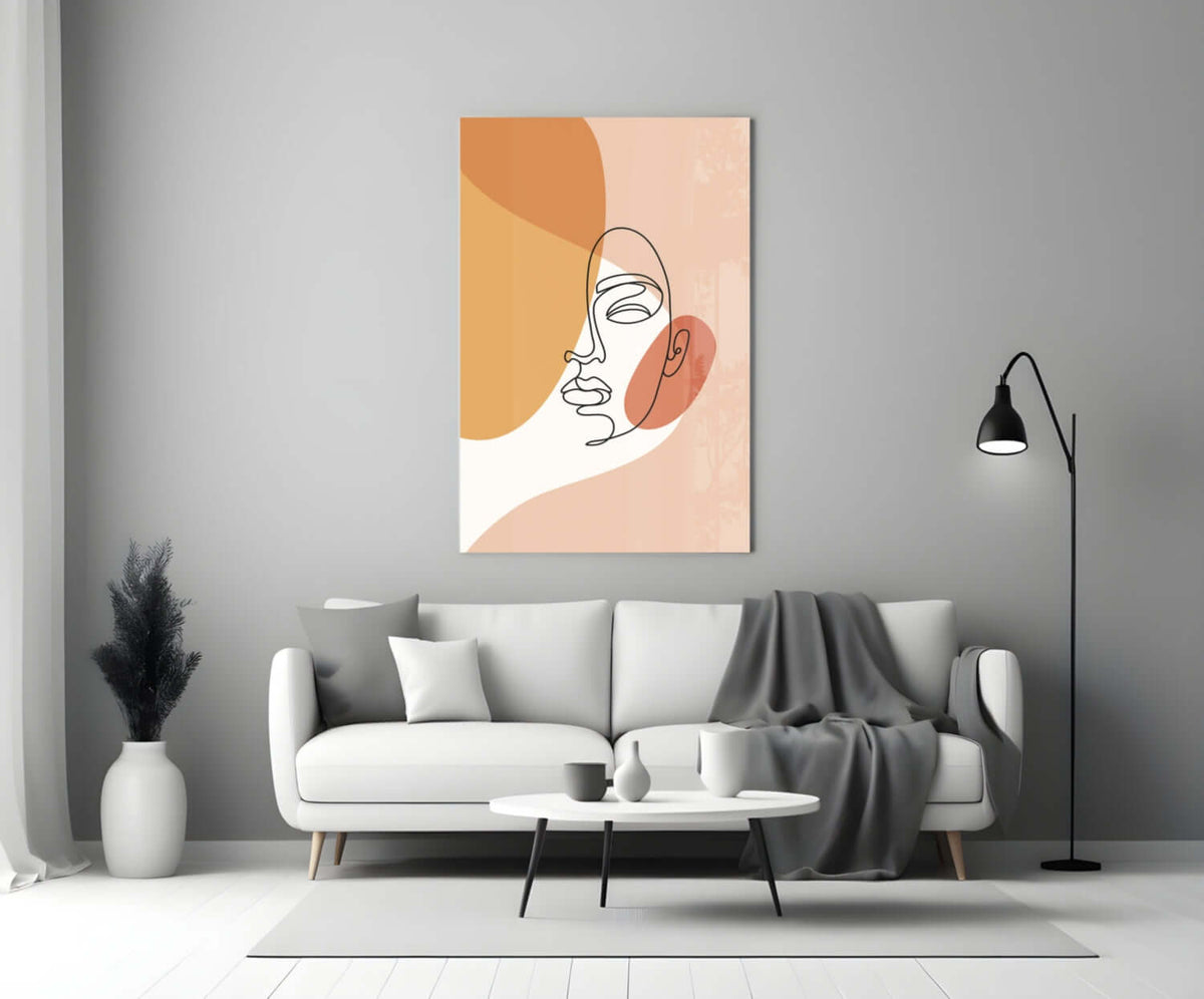 Tilted Face Peach Abstract Glass Wall Art – Boho Line Drawing Portrait – view 3