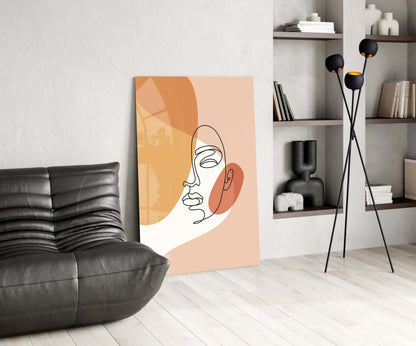 Tilted Face Peach Abstract Glass Wall Art – Boho Line Drawing Portrait – view 5