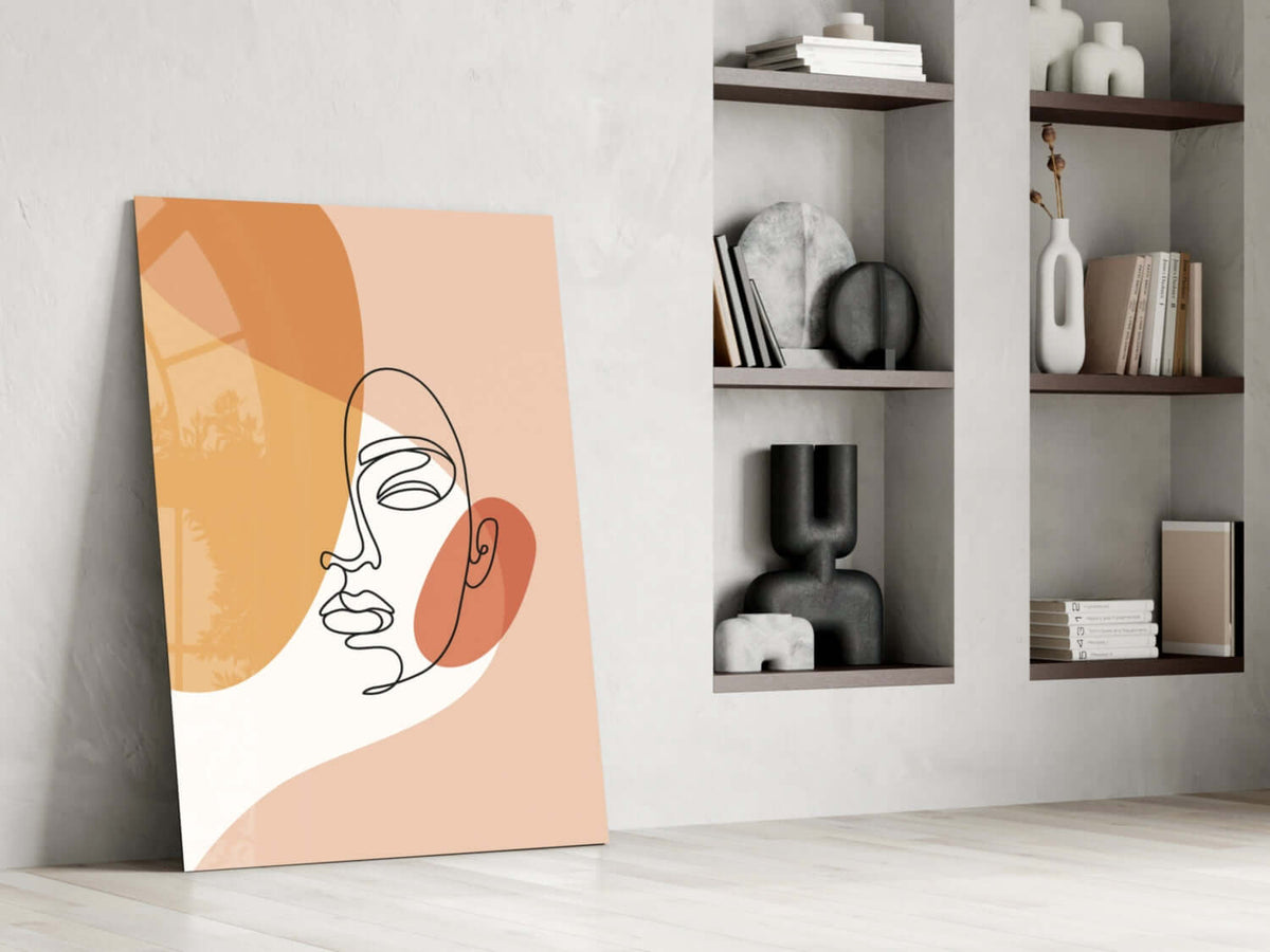 Tilted Face Peach Abstract Glass Wall Art – Boho Line Drawing Portrait – view 6